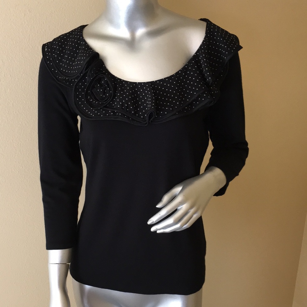 Lauren Ralph Lauren Black Polka Dot Trim Scoop Neck Top